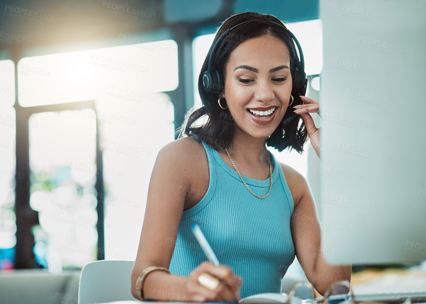 Buy stock photo Call center agent, customer service and freelance sales entrepreneur with headset being friendly on video call while working from home. Smiling operator and happy consultant doing remote virtual work