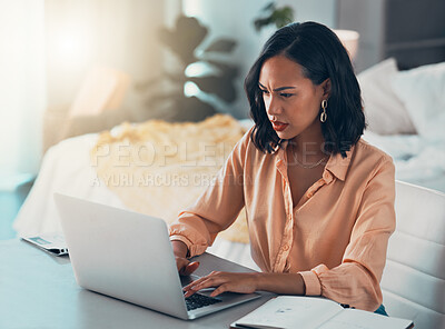 Buy stock photo Confused, working and typing business woman having internet problems and thinking on a computer. Remote female online employee alone with a tech problem, web 404 error report or job trouble at home