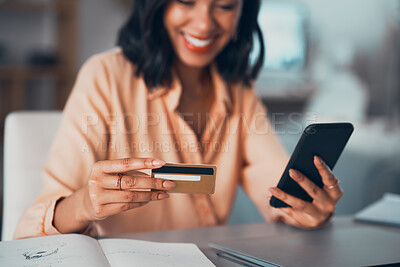 Buy stock photo Shopping for online purchase with credit card and phone, buying products for house and making payment with technology. Smiling and cheerful woman holding debit card for banking, budget and bills