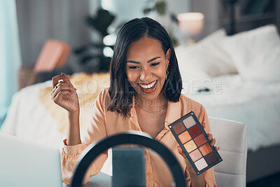 Buy stock photo Influencer recording makeup tutorial with phone, vlogging with beauty cosmetics and streaming a skincare routine at home. Entrepreneur, female blogger or happy woman making video for social media