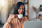 Coffee, reading female freelancer, work from home or remote worker on laptop replying to copywriting emails. Trendy, young and smiling woman on social media or browsing internet for online news
