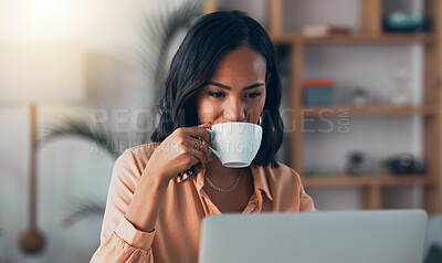 Buy stock photo Thinking, planning and working from home on laptop while entrepreneur drinks coffee, tea or hot drink to help concentrate. Freelance blogger or writer with vision ideas, strategy and blog innovation