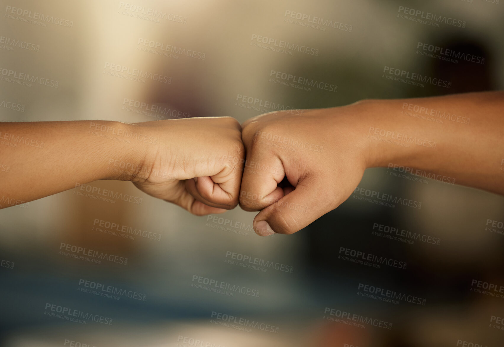 Buy stock photo Power, teamwork and solidarity fist bump gesture of people showing support, success or achieving goal. Celebrating, winning hands doing greeting as motivation, unity or team effort emoji