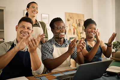 Buy stock photo Clapping, cheering and excited fashion design team celebrate at workplace. Coworkers welcome and support employee promotion. Diverse group of happy, smiling creatives celebrating in a workshop.