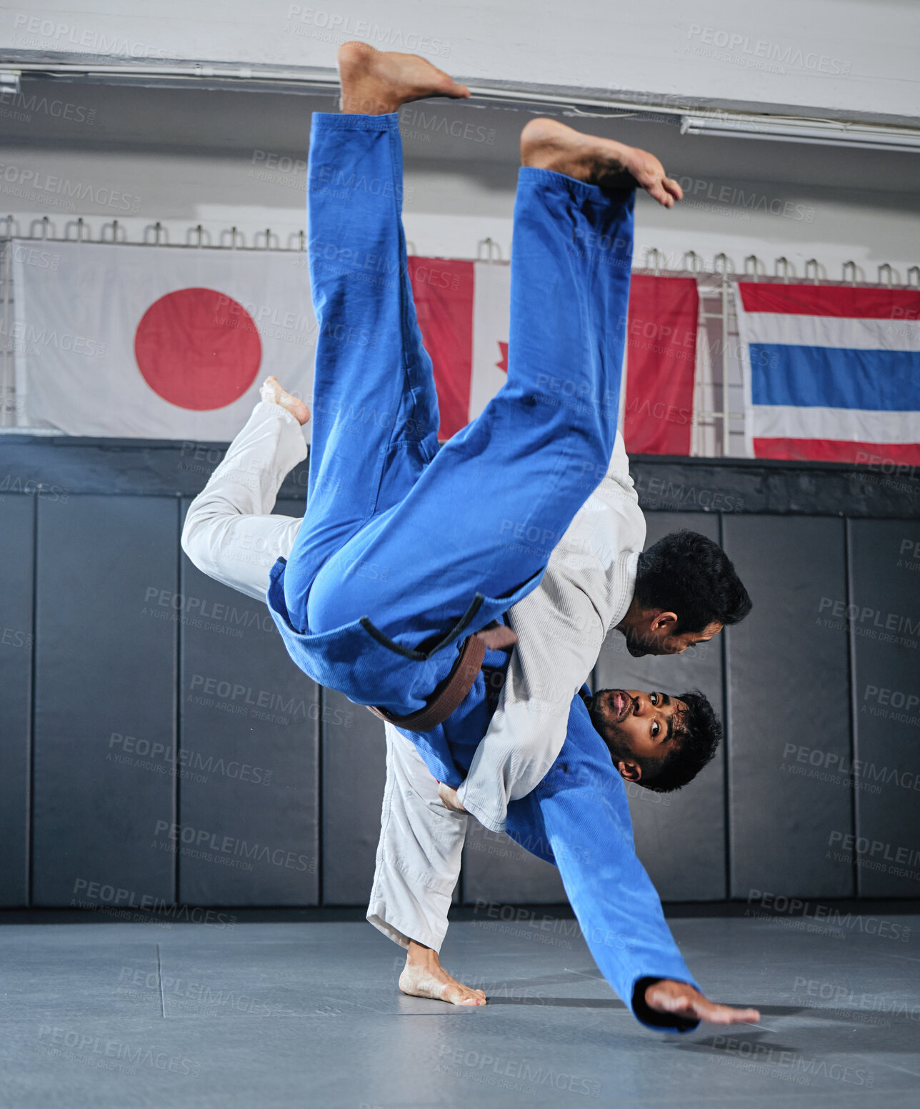 Buy stock photo Health, fitness and motivation, men in karate fight for a winner in a dojo. Martial arts, a learning exercise to overcome, fight failure and beat the competition. Sports students in a battle to win.