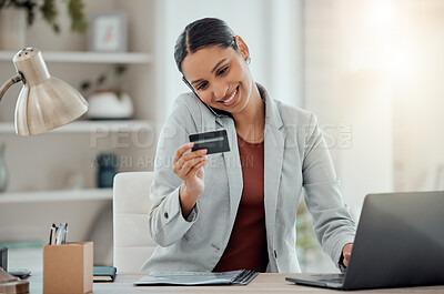 Buy stock photo Ecommerce, online shopping and secure banking of happy woman reading credit card while talking on the phone and using laptop. Smiling entrepreneur doing safe financial transaction or transfer payment