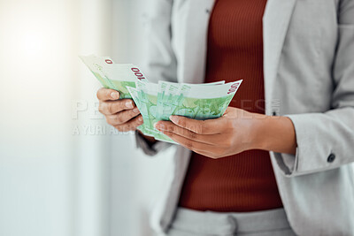 Buy stock photo Hands counting money to make payment, budget or savings with cash during inflation. Closeup of lady making a financial stock investment or checking her finance salary increase after a promotion.