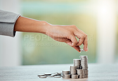 Buy stock photo Saving, money and growth for small business finance, coin stack of money for growing economy. Financial wealth and investment for profits, accounting or economics in the workplace over copy space