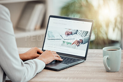 Buy stock photo Professional worker reading an email on a laptop, looking at stocks or watching the news online at home. Lawyer planning, writing and working on a problem or case in a modern office at work.  