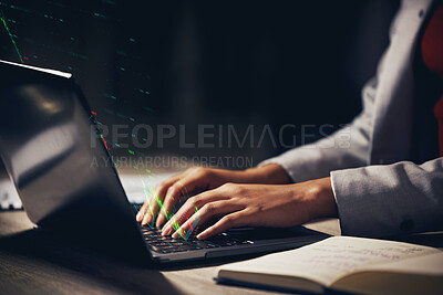 Cgi, laser light and special effects on laptop, sending emails and looking for ideas online working at desk. Closeup of hands of writer, author or creative person typing, planning and doing research