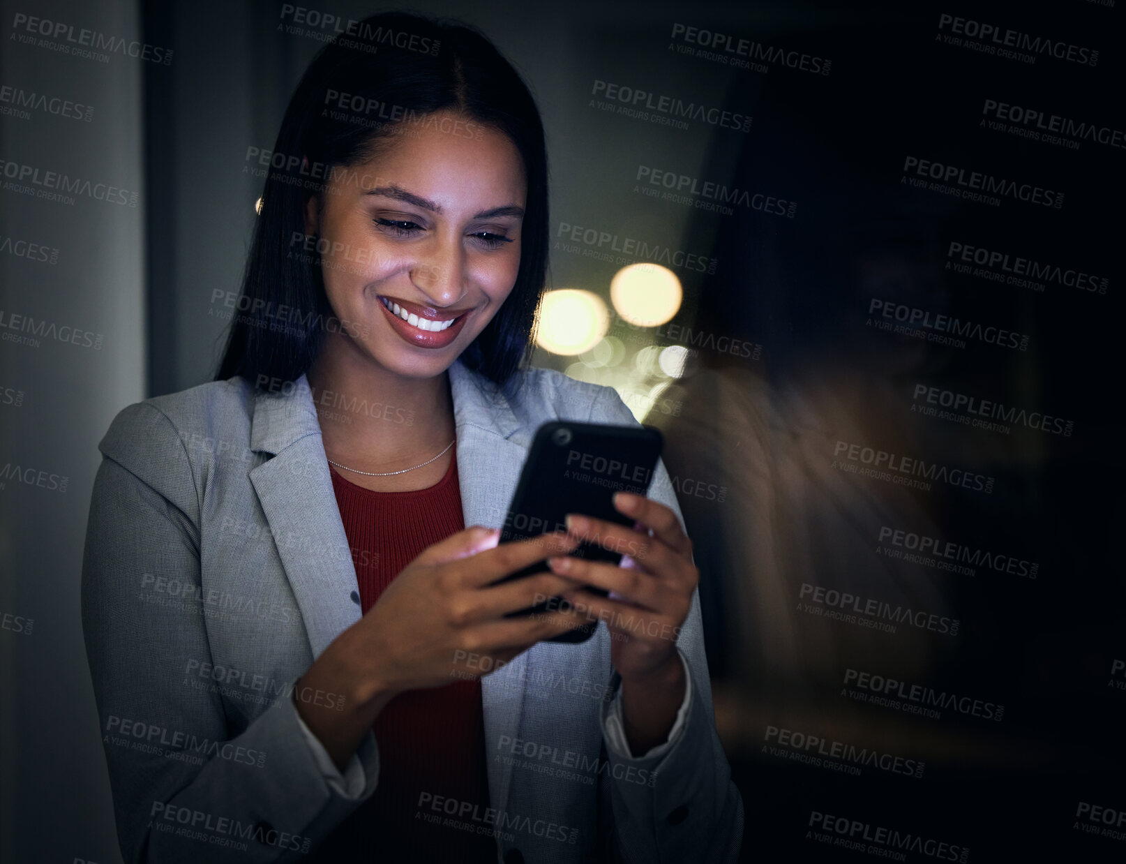 Buy stock photo Social media, contact us and phone with a business woman working in a dark office and reading an email on her mobile. Corporate professional closing a global deal across an international time zone 