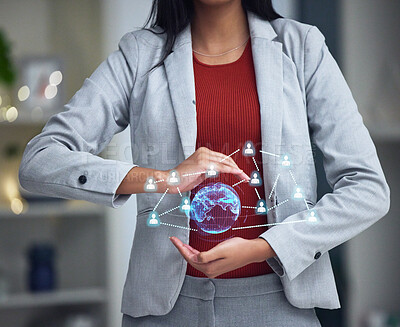 Buy stock photo Technology, ai and networking of a business woman holding virtual interface at work. Female big data leader showing her network and social connections over a copy space background in a modern office.