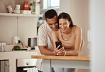 Happy, in love couple with a phone looking at funny content on social media, watching video or staying connected online. Bonding, romantic man and woman in relationship enjoying time together at home