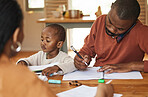 Busy and multitask father talking on a phone call while taking care of his child at home. African american entrepreneur or freelancer analyzing paperwork with his wife caring for his busy little son