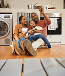 Fun family taking selfie on phone, bonding or smiling for social media or video call. Adorable, cute or little boy sitting with parents in home kitchen, enjoying family time as mother, father and son