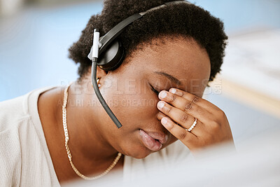 Buy stock photo Stress, tired and headache with a call center agent feeling pressure and anxiety while working in a demanding office. Overworked, exhausted consultant mentally frustrated with burnout and depression