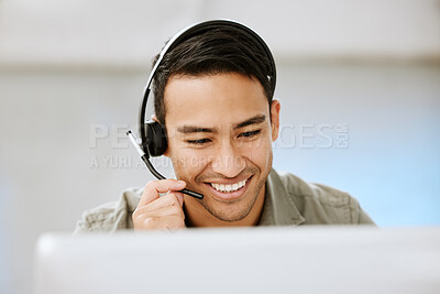 Buy stock photo Call center agent, customer support and help desk employee talking to a client for a service company. Contact us for our happy sales consulting centre advisors to assist you and find out about us
