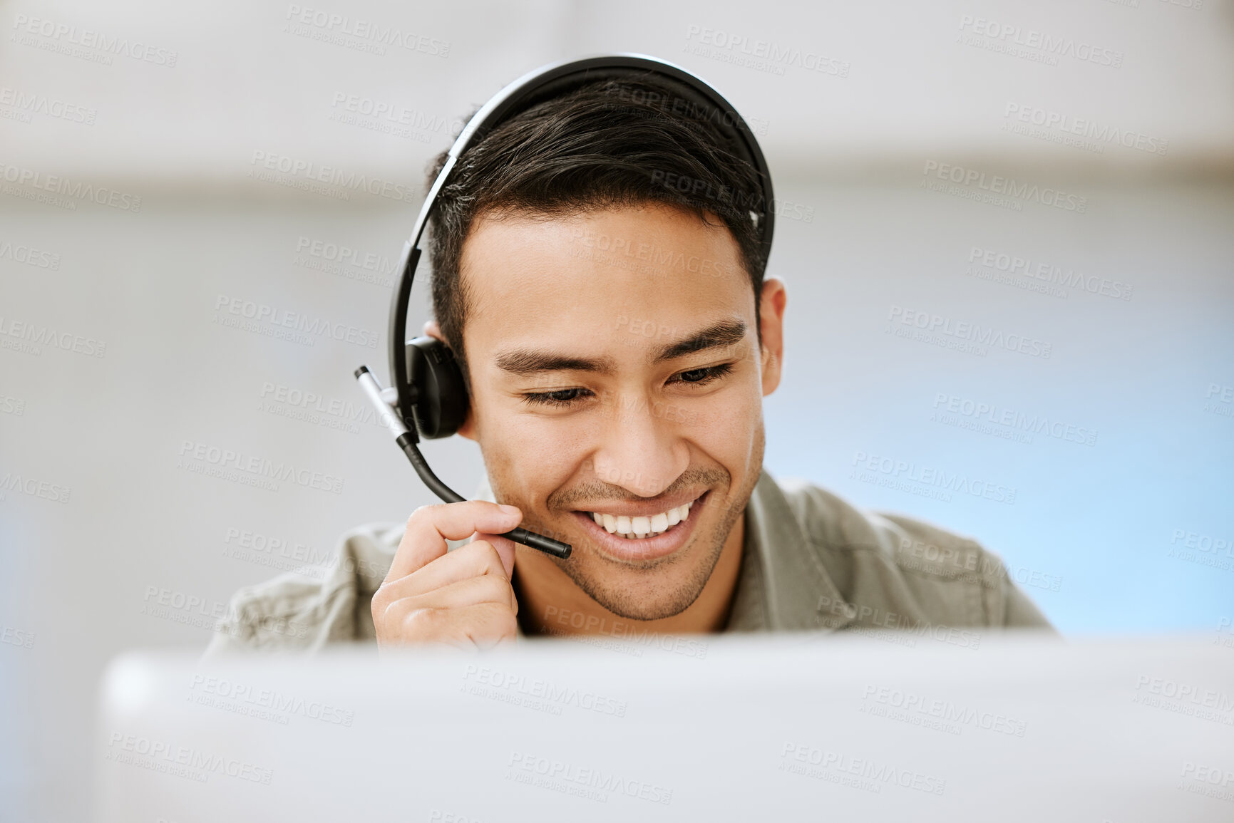 Buy stock photo Call center agent, customer support and help desk employee talking to a client for a service company. Contact us for our happy sales consulting centre advisors to assist you and find out about us
