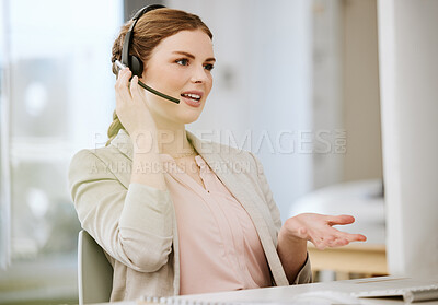 Buy stock photo Sales consultant, call center agent and contact support employee helping clients with good customer service. Female working at the help desk busy talking and consulting about us and our loan prices 