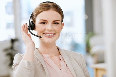 Buy stock photo Smiling, friendly call center agent with headset for online consulting in an IT tech agency. Face of female support professional offering virtual assistance to web user or contact us hotline at work.