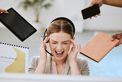 Buy stock photo Stress, burnout and overloaded woman at work in a modern office. Female contact centre agent overwhelmed with all the work from her call center colleagues with anxiety and headache in the workplace.