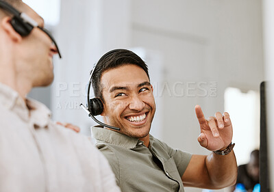 Buy stock photo Happy, smiling and laughing call center agent at an insurance company talking to colleague at a help desk. Contact us and our sales customer service support centre and learn about us and thank you