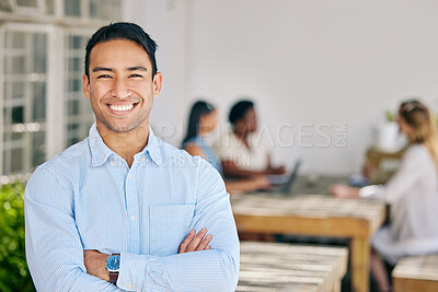 Buy stock photo Motivated, confident and happy business man standing arms crossed in the boardroom for a meeting with his colleagues in the background. Portrait of a male with a mindset of innovation and growth