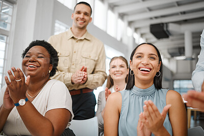 Buy stock photo Clapping, celebrating and excited after training presentation, office meeting or education workshop for creative group. Diverse, cheering or motivated colleagues smiling with growth mindset or vision