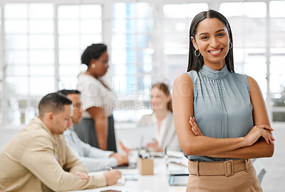 Buy stock photo Smiling, happy and motivated young business woman with arms crossed showing great leadership to her team in an office. Portrait of confident and proud entrepreneur satisfied with growth in a startup