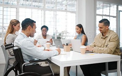 Buy stock photo Team analyzes research discussing and marketing data while planning strategy in startup agency. Group of diverse business people sharing ideas together around a table in a marketing office boardroom 