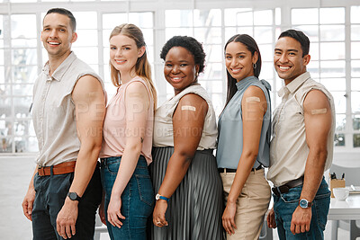 Buy stock photo Covid vaccine, safety and health colleagues with plaster after vaccination for business office protocol or policy and protection against the virus. Smiling workers standing together, showing support