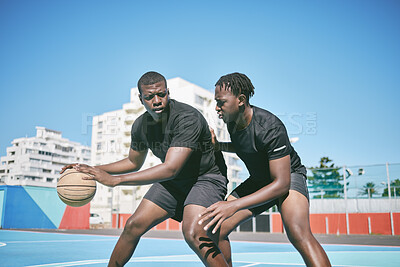 Basketball, fitness and active sports game played by young African men in an outdoor court for exercise. Training, workout and healthy males playing a fun, friendly and athletic friends in summer