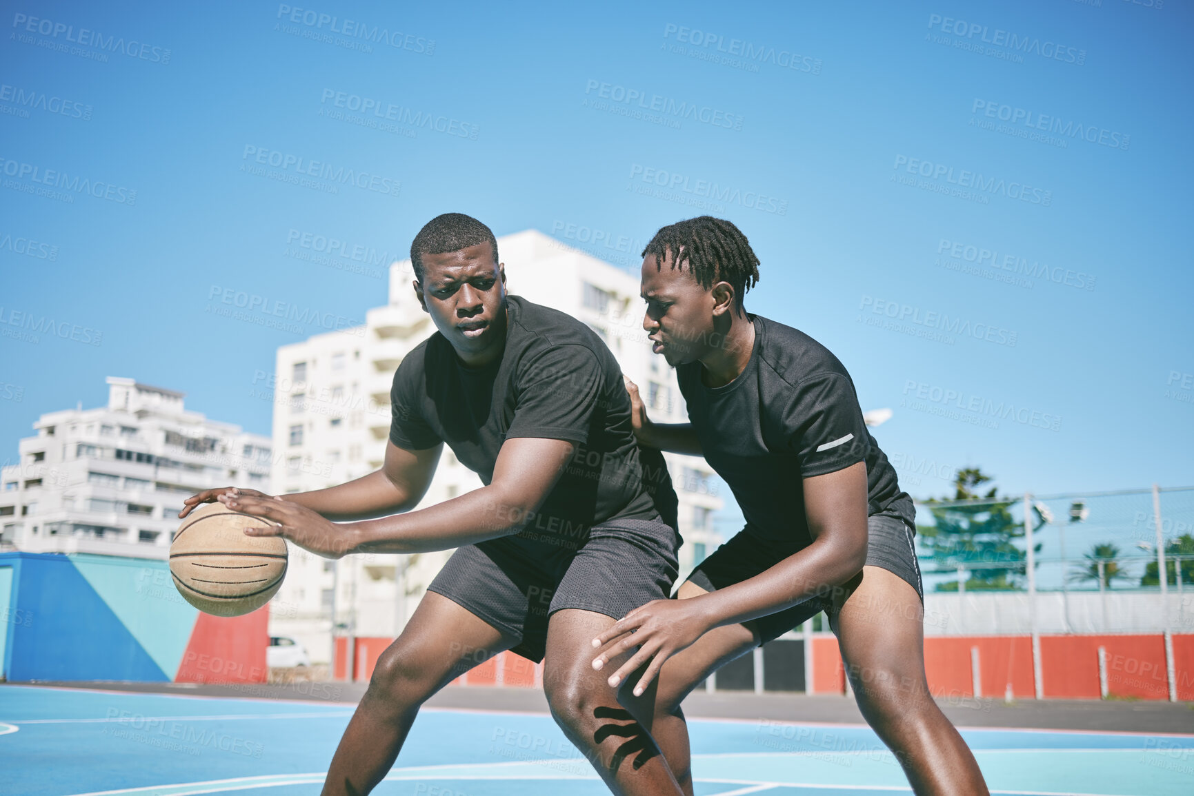 Buy stock photo Basketball, fitness and active sports game played by young African men in an outdoor court for exercise. Training, workout and healthy guy friends playing a fun, friendly and athletic sport in summer