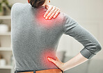 Shoulder, hip and pain of a woman touching and holding a painful area on her body highlighted in red. Closeup of a female feeling strain, ache and discomfort from a glowing muscle injury problem.