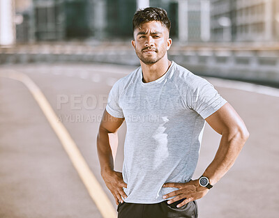 Buy stock photo Fitness, sports and runner with motivation, wellness goals and vision in city, town or downtown. Portrait of active, athletic or healthy man on street for routine running workout, exercise or training