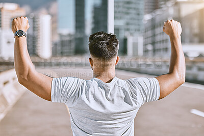 Buy stock photo Fitness, motivation and workout success of a training, running and sport man from a exercise. Back of sports runner in a city celebrating sport win, happy health and wellness mindset and focus