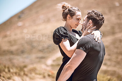 Buy stock photo Man, woman and happy couple in nature, bonding on adventure in summer and giving affection enjoying a day in nature together. Content boyfriend and girlfriend on a romantic vacation in spring