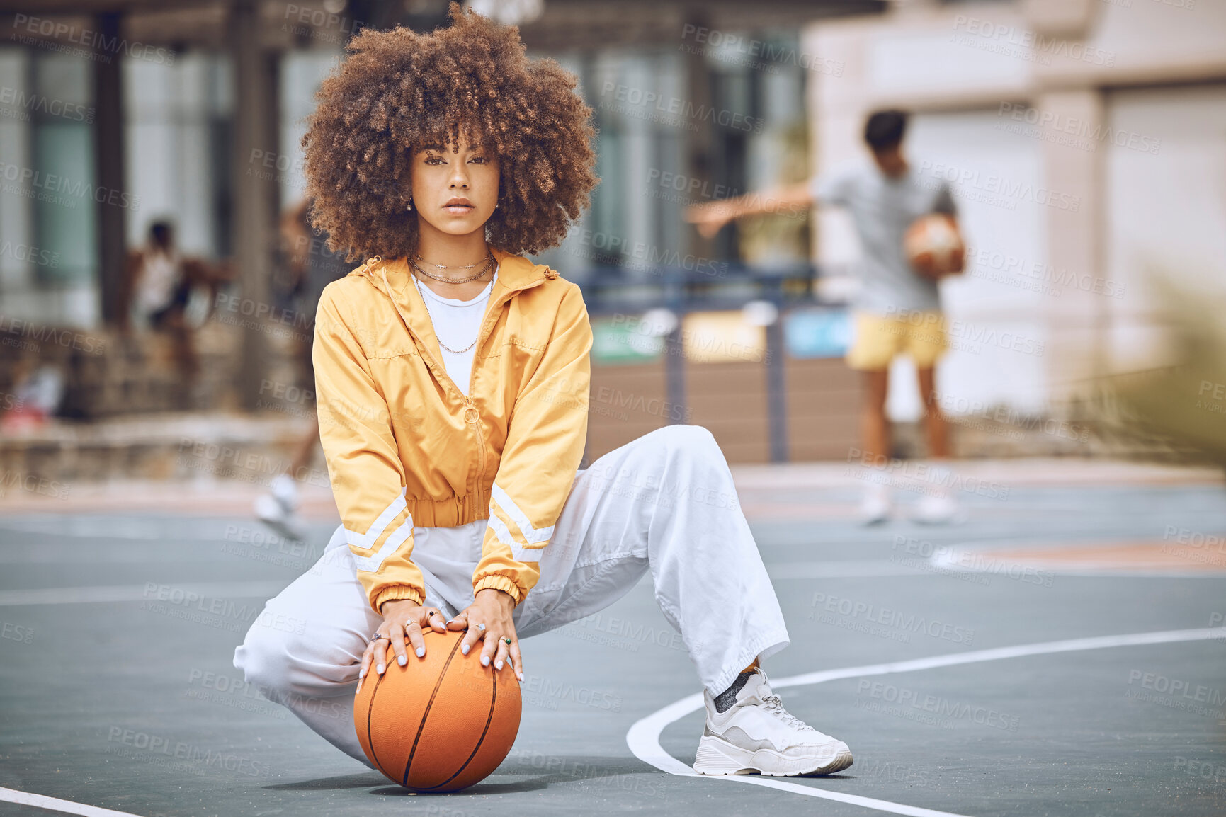 Buy stock photo Cool basketball player with funky, confident and hipster attitude ready for game, fun or playing on outdoor sports court. Portrait of young, fashion and beauty black woman with afro ready for fitness