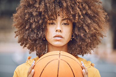 Buy stock photo Basketball, sports and motivation with a young, fashion and healthy black woman holding a ball with game, vision and wellness. Portrait of a confident female athlete ready for competition on a court