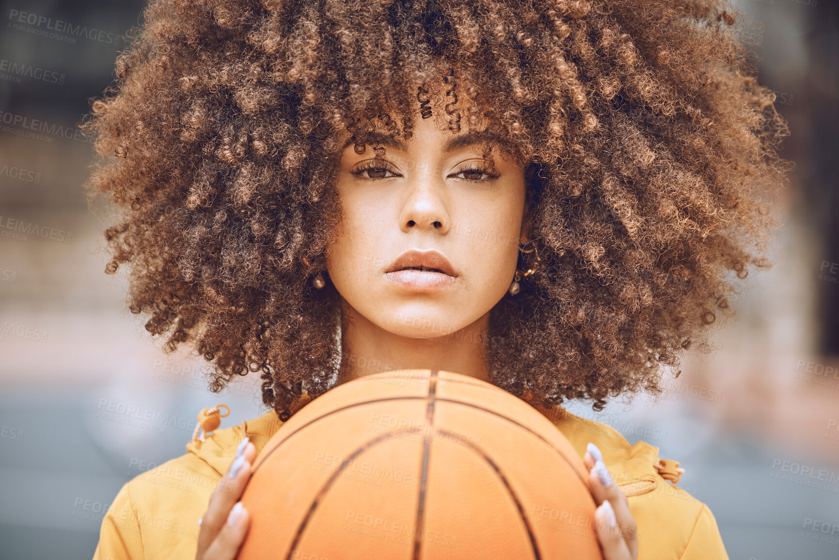 Buy stock photo Basketball, sports and motivation with a young, fashion and healthy black woman holding a ball with game, vision and wellness. Portrait of a confident female athlete ready for competition on a court