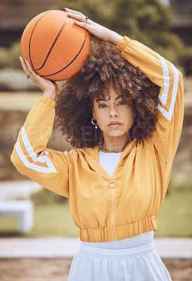 Buy stock photo Basketball court, cool sports woman or fashion with motivation, vision or wellness goal in training, workout or exercise. Fitness portrait of game player, afro black woman or ball competition athlete