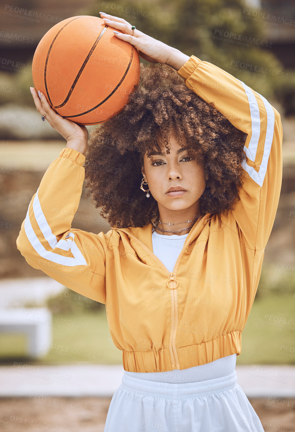 Buy stock photo Basketball court, cool sports woman or fashion with motivation, vision or wellness goal in training, workout or exercise. Fitness portrait of game player, afro black woman or ball competition athlete