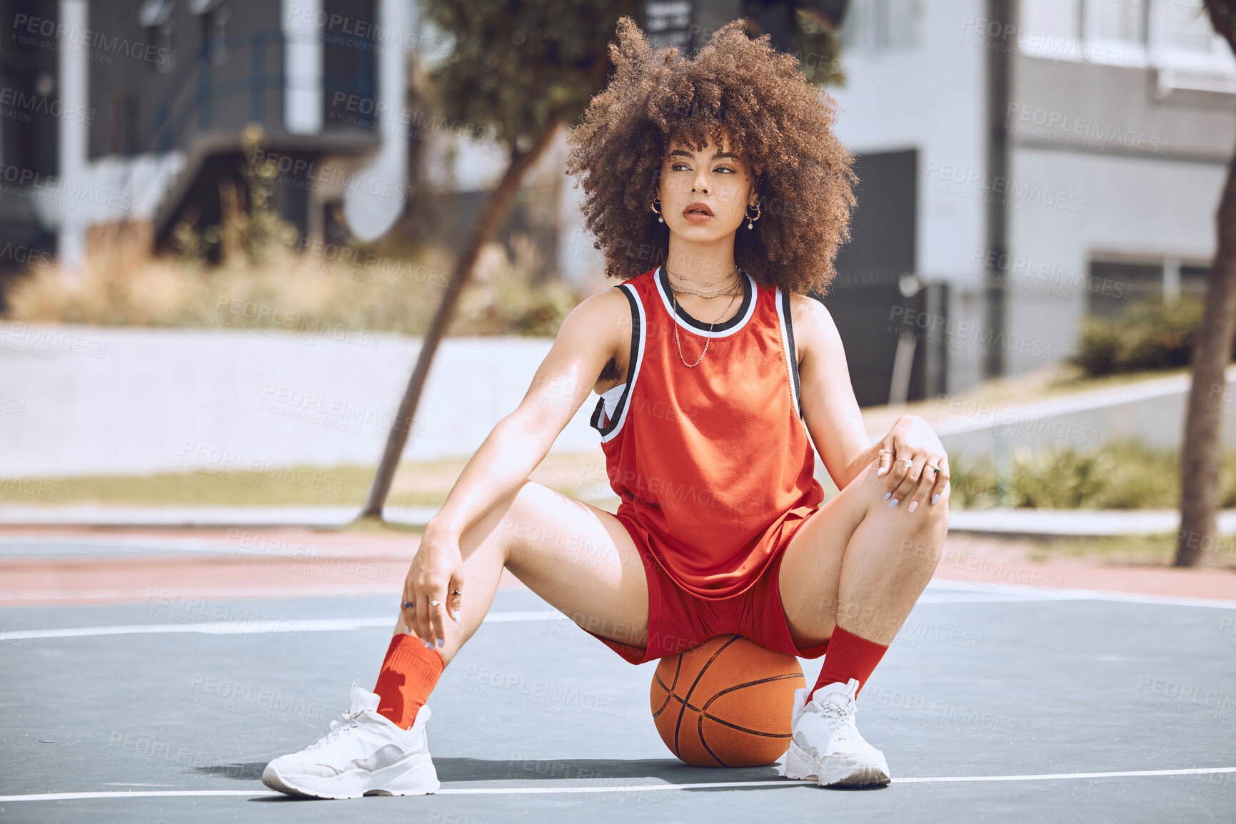 Buy stock photo Basketball player with funky, confident and cool attitude ready for competition, game or fit training match on a sports court. Beautiful black woman, healthy athlete and motivation female with afro