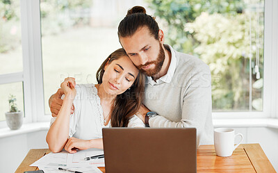 Buy stock photo Support, couple and finances while embracing each other and sitting with papers and a laptop for bill payments and looking worried in a tough economy. Husband and wife having financial difficulties