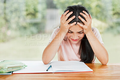 Buy stock photo Stress, anxiety and overwhelmed with a little girl struggling with her studies, education and learning at home. Confused, frustrated and tired student having trouble with homework and study material