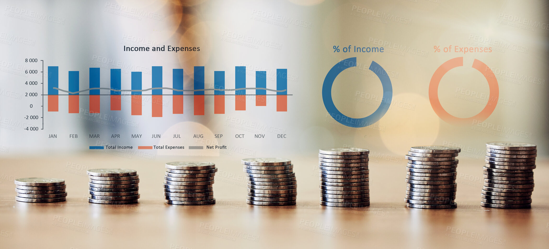 Buy stock photo Finance, business management, budget strategy and corporate accounting. Plan company cost on sales and credit to save money. Financial data with graphs, charts and coins cgi background.