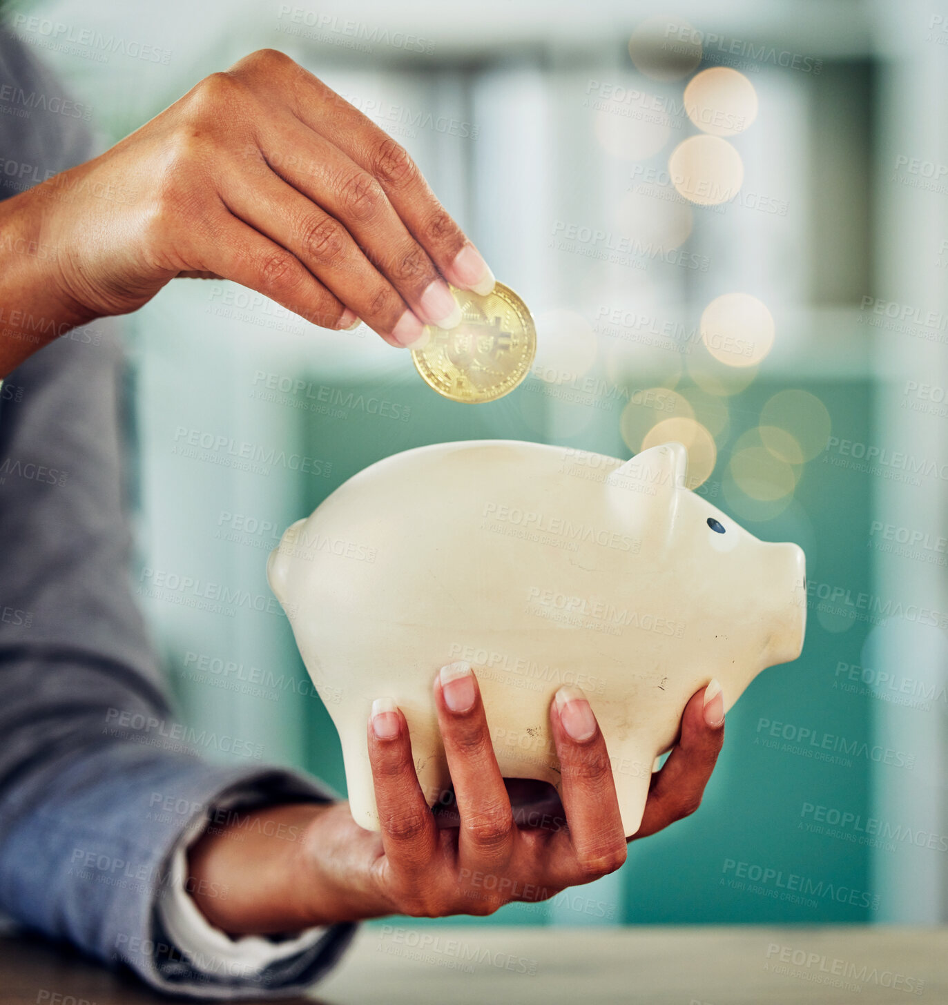 Buy stock photo Savings, investment or a woman putting a coin into a piggybank for financial growth and freedom. Closeup of a female investing in her future or retirement fund for insurance and budget security