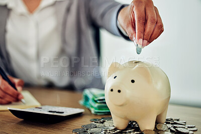 Buy stock photo Banking, finance and money in piggybank for savings, investment and budget for business woman. Closeup of hands of an accountant counting coins for insurance, bills and payment in an office at work