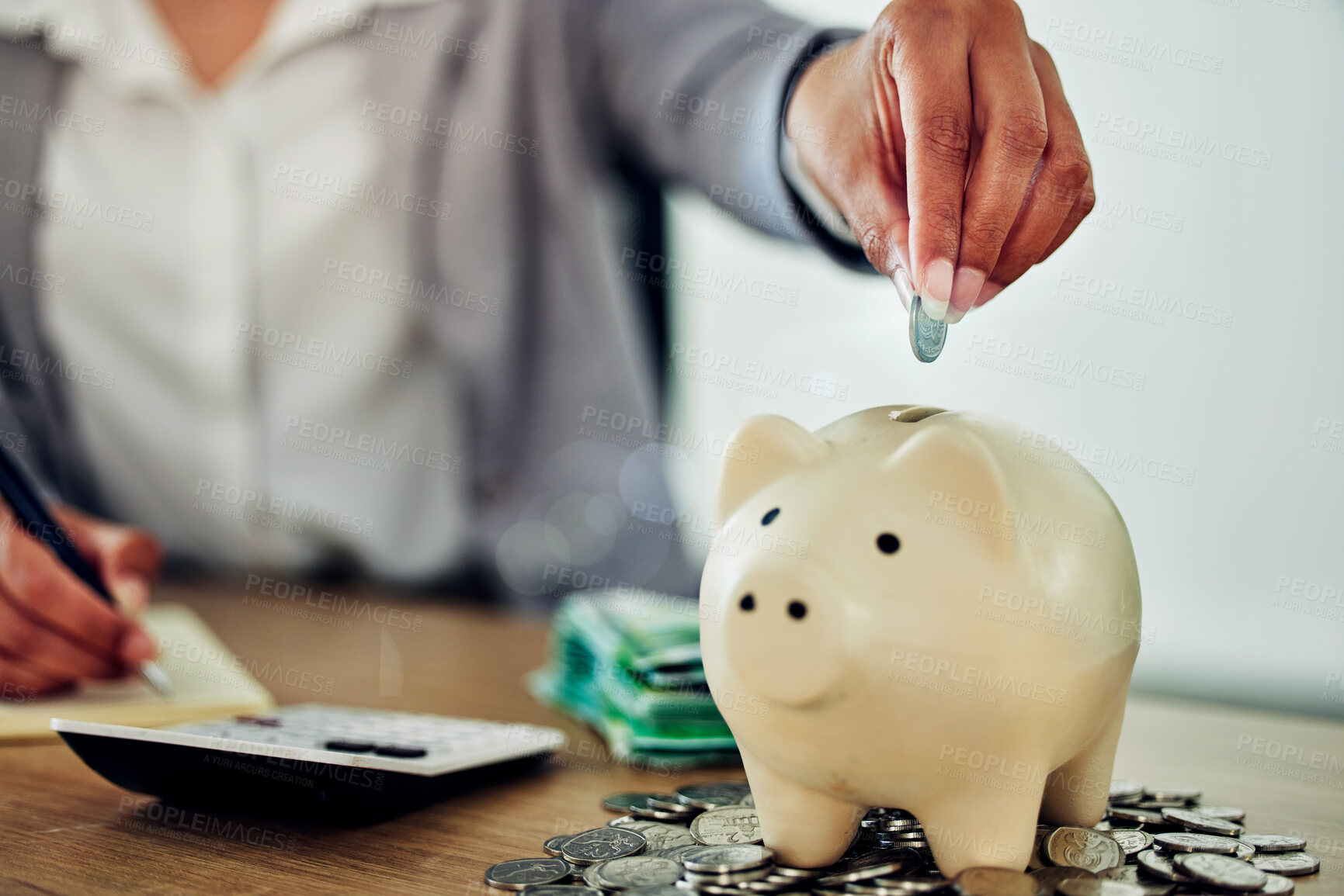 Buy stock photo Banking, finance and money in piggybank for savings, investment and budget for business woman. Closeup of hands of an accountant counting coins for insurance, bills and payment in an office at work