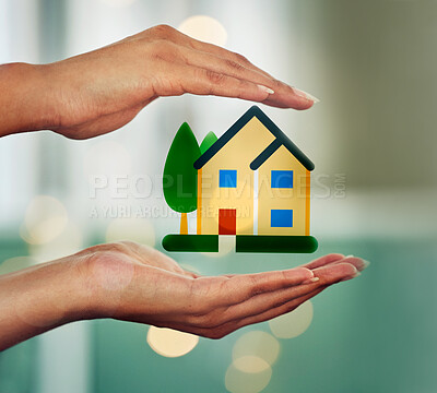 Buy stock photo Hands holding house, symbol of home cover, insurance or property with bokeh background. Investment, protection and security advertisement with image, diagram and graphic of a house or apartment